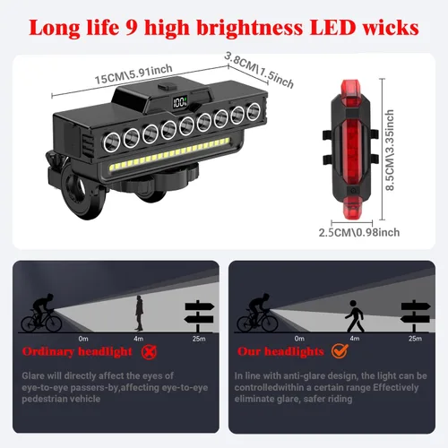 Vista 6 de Faro de bicicleta recargable impermeable con bocina, 9 LED y 7 modos, IPX5 impermeable, batería de larga duración con pantalla de alimentación