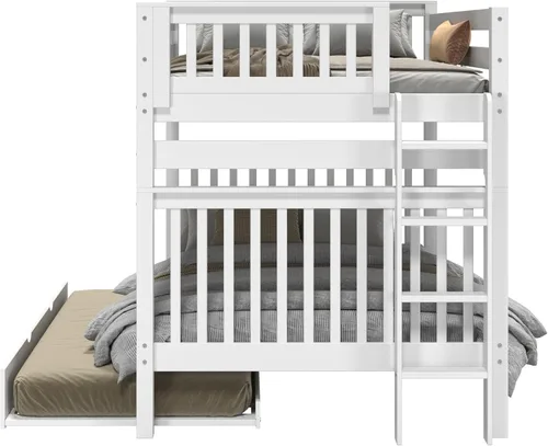 Vista 7 de Bedz King Literas de tamaño matrimonial sobre Full Mission Style con escalera final y cama nido individual, color blanco
