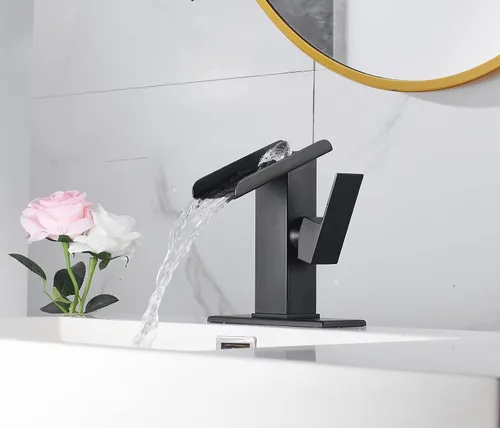 Vista 6 de Grifo de baño negro cascada 1 agujero baño lavabo lavabo fregadero grifo de una sola manija moderna lavabo grifo latón cubierta montaje comercial