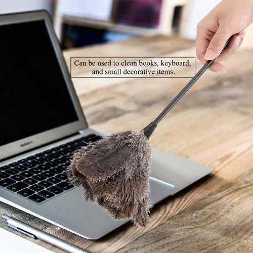 Vista 2 de Plumero de avestruz, mini cepillo de plumas de avestruz reutilizable hecho a mano con mango largo de plástico para teclado de automóvil, muebles