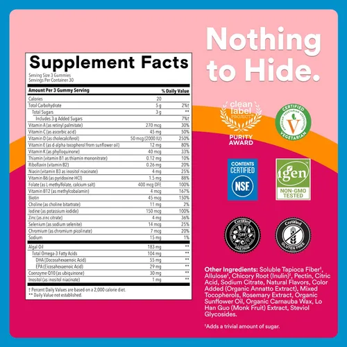 Vista 5 de SmartyPants Gomitas multivitamínicas Zero Sugar para mujeres: biotina, metilfolato, omega 3 (ALA), vitamina D3, C, vitamina B12, B6, A, K, zinc