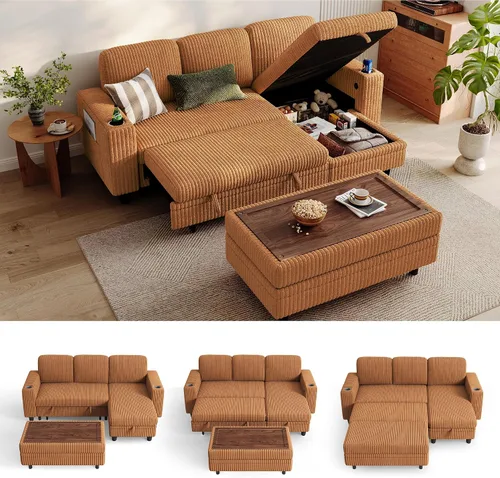 Vista 22 de LINSY HOME Sofá cama seccional con sofá cama extraíble para sala de estar (azul) Plush Corduroy