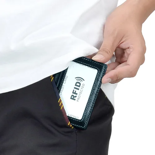 Vista 3 de Billetera de bolsillo frontal plegable para hombre, de piel auténtica, con bloqueo RFID, tarjetero