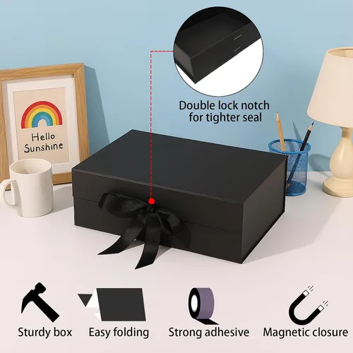 Vista 3 de Caja de regalo mediana negra con tapa, cinta, bolsa de regalo y tarjeta de felicitación, 9.4 x 7 x 3 pulgadas, cierre magnético, ideal