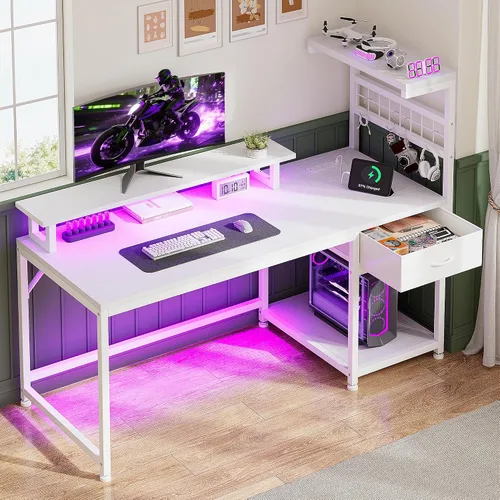 Vista 12 de EnHomee - Escritorio para juegos de 40 pulgadas con luces LED y tomas de Negro