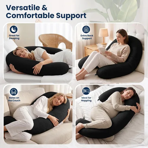 Vista 6 de TranquilRelax Almohada corporal en forma de C para dormir de lado, almohada larga de espuma viscoelástica para piernas, cadera y espalda, funda Negro