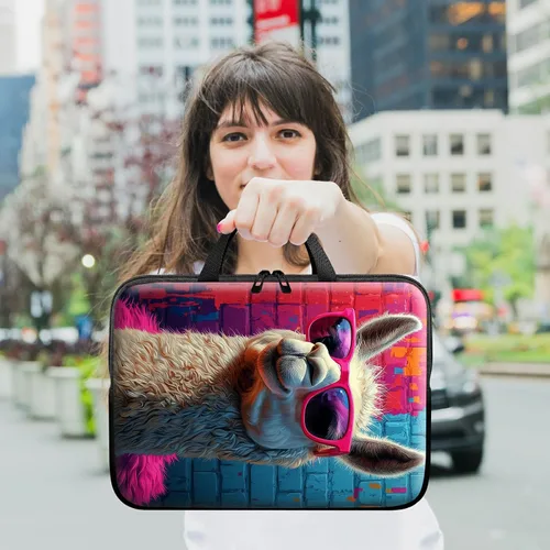 Vista 7 de Funda para laptop con asa de 10 pulgadas, impermeable, diseño de lentes de sol de alpaca, funda para computadora compatible con MacBook Air, Pro
