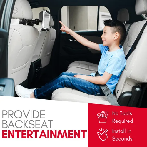 Vista 2 de Macally Soporte para reposacabezas de automóvil, esenciales para viaje por carretera, para niños, soporte para tablet de asiento trasero
