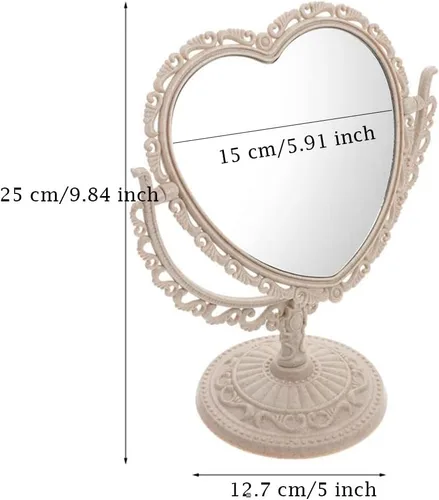 Vista 9 de AKOAK Espejo cosmético en forma de corazón, plástico, de doble cara, giratorio, ligero, espejo de baño y dormitorio (beige) Plástico de doble