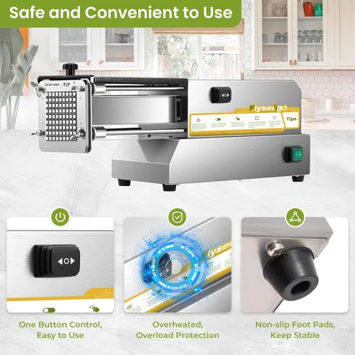 Vista 5 de Cortador de patatas fritas eléctrico de acero inoxidable profesional con 4 cuchillas para uso comercial, doméstico y pepinos, zanahorias, batatas