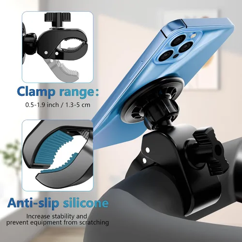 Vista 7 de Soporte de teléfono para cochecito con abrazadera para MagSafe, 16 x N52 imán fuerte Universal Clamp Handlebar Mount, Adjustable Viewing Angle