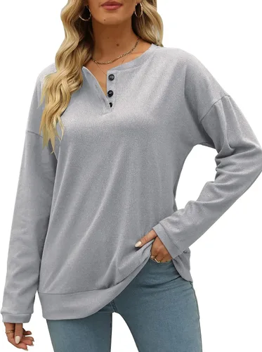 Vista 2 de Sudaderas casuales para mujer, camisetas Henley de manga larga con botones