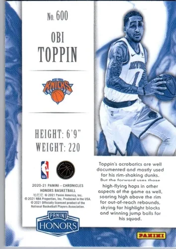 Vista 2 de Obi Toppin Panini Chronicles Honors Collectible Rookie Basketball Card - 2021 Panini Chronicles Honors Rookie Basketball Card #600 (Knicks) Free