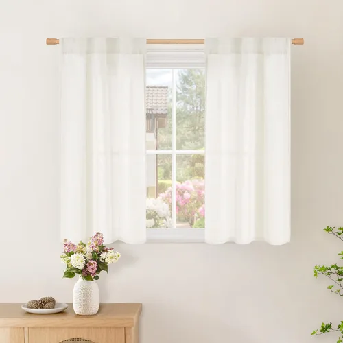 Vista 122 de BGment Cortinas cortas de lino marfil de 36 pulgadas de largo para ventanas de cocina, pequeñas cortinas texturizadas rústicas para café sobre