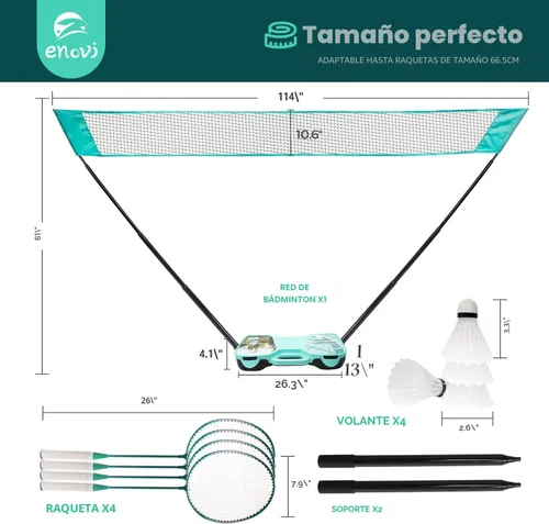 Vista 7 de Juego de bádminton ENOVI EasyGo, con red, 4 raquetas, 4 volantes, caja de almacenamiento portátil, para patios, juegos de exterior, juegos de jardín