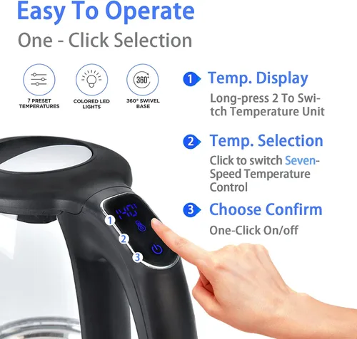 Vista 2 de ShanSon Tetera Eléctrica de Vidrio de 1.7 Litros 1500W con Control de Temperatura, Hervidor de Agua Rápido Libre de BPA, Apagado Automático