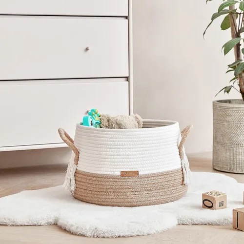 Vista 6 de R RUNKA Cesta pequeña para animales de peluche, ropa, mantas para bebé - 30 cm x 25 cm - Cestas boho para sala de estar, dormitorio, guardería