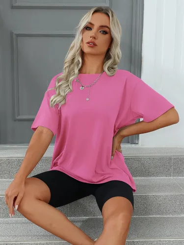 Vista 5 de Camisetas de gran tamaño para mujer, de manga corta, ajuste holgado, para verano, casual, básicas