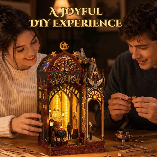 Vista 2 de Rompecabezas de madera 3D, kit de rincón de libro, estación de tren mágico with LED Lights & Music, Miniature Wood Puzzle Kits Bookshelf Decor