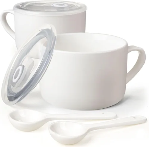 Vista 13 de Tazones de sopa con asas y cucharas, cuenco de cerámica para ramen de 30 onzas con tapa, tazas grandes para fideos instantáneos, cuencos grandes