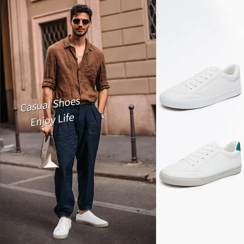 Vista 6 de Zapatillas blancas para hombre, zapatos casuales simples de cuero, zapatillas de deporte de moda para hombres, zapatillas clásicas bajas