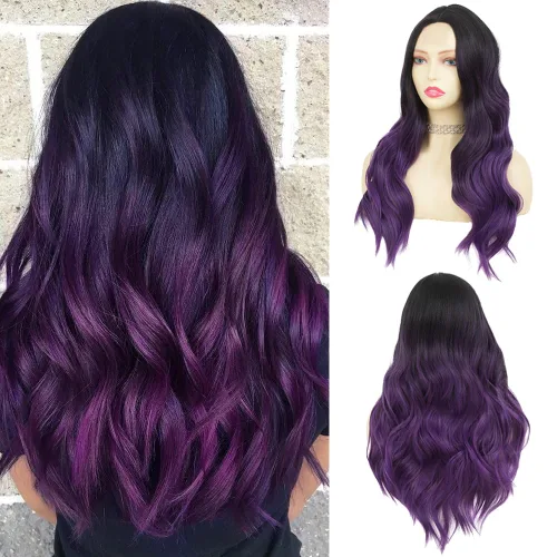 Vista 8 de Tseses Pelucas largas y onduladas de color azul degradado para mujer, pelucas de cabello sintético con raíces oscuras, cosplay, fiesta de Halloween