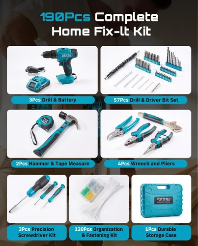 Vista 10 de Seesii - Kit de herramientas con taladro inalámbrico de 21V - Juego de herramientas eléctricas de 190 piezas, kit de herramientas manuales con caja