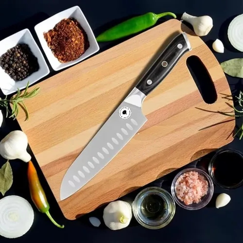 Vista 7 de Cuchillo de cocina Santoku de 7 pulgadas, cuchillo de chef japonés ultra afilado con mango de madera ergonómico, cuchillo de cocina profesional