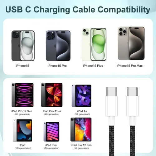 Vista 7 de Cable largo USB C a C de carga rápida de 10 pies, 60 W, cable de carga tipo C a C para Apple iPhone 17 Pro Max/17 Air/16 Pro Max/16/15 Plus/15 Pro