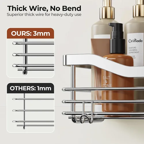 Vista 2 de Orimade Cesta de ducha con 5 ganchos, organizador de baño, estante de almacenamiento de cocina, adhesivo montado en la pared, sin perforaciones