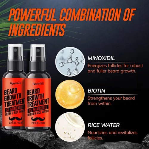 Vista 4 de RootStim 5% Minoxidil Beard Growth Serum for Men: 2-Pack Minoxidil Hair Regrowth Spray with Biotin & Rice Water - Extra Strength Beard Oil for
