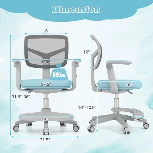 Vista 3 de Giantex Silla de escritorio para niños, silla rodante ergonómica ajustable con reposapiés y apoyabrazos abatibles, silla de oficina para niños