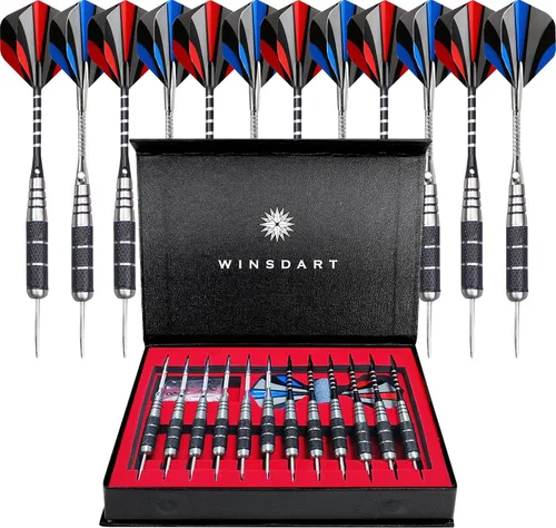Vista 8 de WINSDART Steel Tip Darts 12 Pack Set with Nonslip Iron Barrel Aluminum Dart Shafts and Flights Darts Sharpener an Gift Box