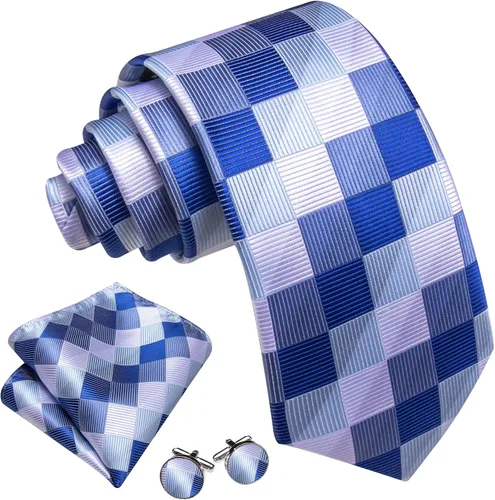 Vista 160 de Barry.Wang Juego de corbatas a cuadros para hombre con pañuelo gemelos de rayas clásicas