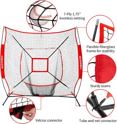 Vista 2 de BaseGoal Red de práctica de sóftbol de béisbol de 7 x 7 pies, respaldo de béisbol, con camiseta de bateo, para golpear lanzar, batear, atrapar