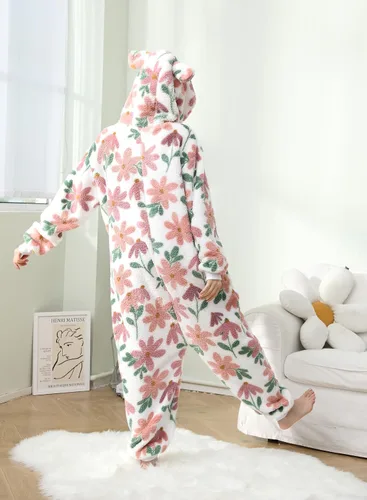 Vista 3 de Focupaja Pijama mullido con capucha para mujer, con cremallera, forro polar cálido, estampado de una pieza, ropa de dormir de invierno para Navidad