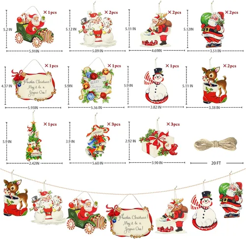Vista 2 de pinkblume 19 adornos para árbol de Navidad, vintage, Papá Noel, Feliz Navidad, saludos, letrero de alegría, caja de regalo de Navidad, reno de Papá