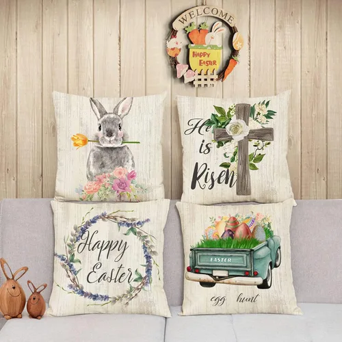 Vista 7 de YeeJu Juego de 4 fundas de almohada de Pascua de 20 x 20 pulgadas, fundas de almohada de primavera de Pascua, huevos de conejo, caza, camión, fundas