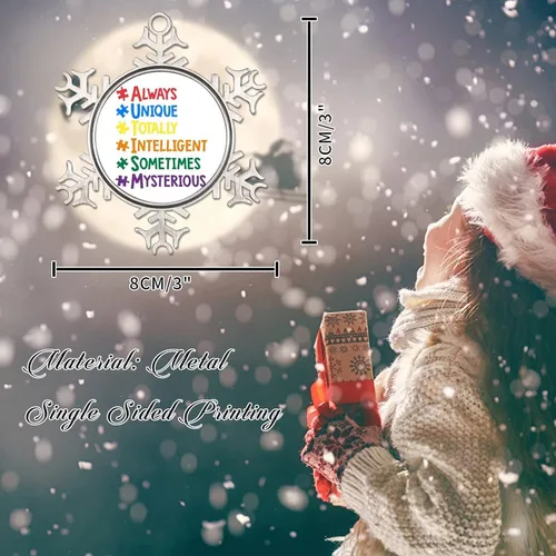 Vista 2 de Adornos únicos a veces para árbol de Navidad, apoyo para autismo, decoración de Navidad, conciencia de autismo, adorno de copo de nieve de metal
