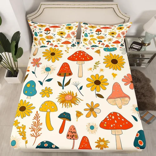 Vista 17 de Juego de sábanas ajustadas estilo 70s hippie retro para cama individual, juego vintage de otoño con hojas florales para niños y niños, juego de ropa