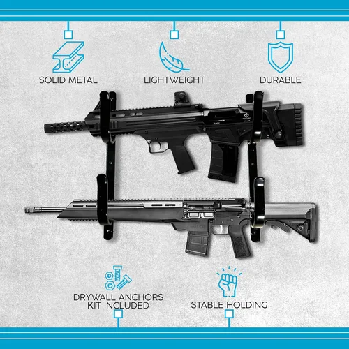 Vista 3 de Soporte de pared para rifles, estante de acero de 13 pulgadas para rifles, escopetas y pistolas, ganchos de almacenamiento de armas de fuego