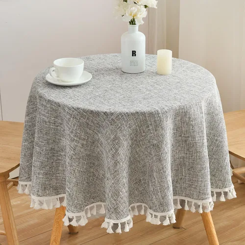 Vista 10 de Mantel redondo de algodón con aspecto de lino de 48 pulgadas/48.0 in resistente al agua, borde de borla, cubierta suave de color sólido para cocina