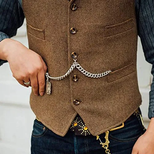 Vista 3 de Chaleco clásico de lana en espiga para hombre, casual, sin mangas, chaqueta de Tweed, chaleco de vestir para boda y novio, talla grande