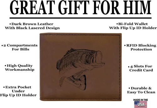 Vista 2 de Rogue River Tactical Bass Fishing Fish Billetera de cuero para hombre RFID regalo para él papá padre Estados Unidos Billfold pescador, Marrón, Pesca