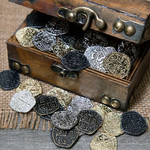 Vista 5 de Monedas del tesoro del pirata, 30 réplicas de doblones de oro y plata, exclusivo de Beverly Oaks LLC