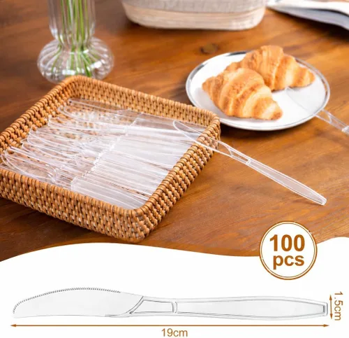 Vista 2 de 100 cuchillos de plástico transparente resistentes, desechables, sin BPA, resistentes al calor, duraderos y sólidos cuchillos de plástico de alta