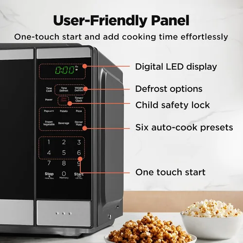 Vista 4 de BLACK+DECKER Horno de microondas para encimera 0.9 pies cúbicos, 6 menús automáticos, bloqueo para niños, función de memoria, 10 niveles