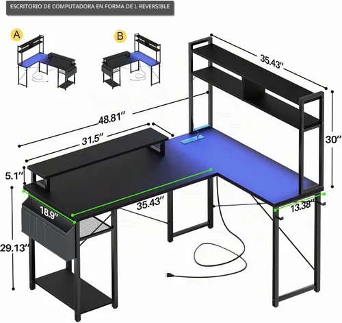 Vista 2 de Aheaplus Escritorio pequeño en forma de L para gaming con luces LED y tomas de corriente, escritorio reversible en forma de L para computadora