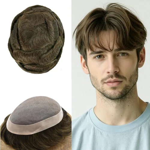 Vista 60 de Mens Toupee Hair Piece Real Human Hair Fine Mono Toupee para hombres Sistema de reemplazo de cabello para hombre Postizo Protesis Capilar Para
