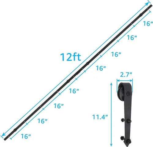 Vista 5 de Kit de herrajes para puerta corredera doble de granero de 12 pies, kit básico de herrajes para riel deslizante con rodillos, suave